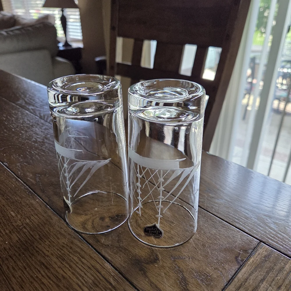 Mid Century Sailboat Highball Glasses Javit Handcut Crystal Original Sticker